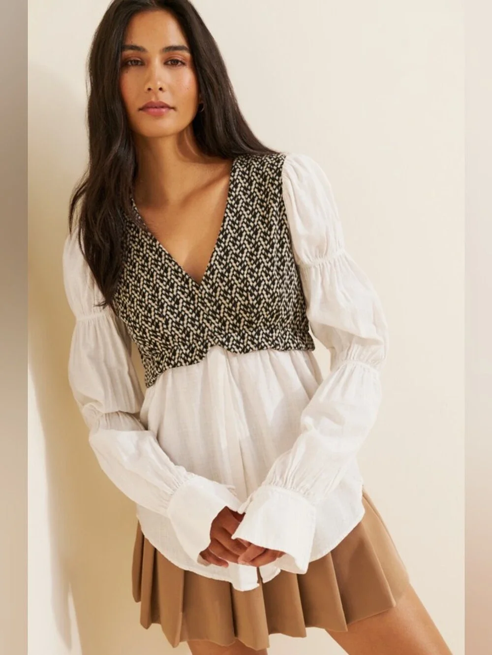 Anthropologie Layered Jacquard Vest Blouse Size XS Ivory Peasant Cottage Fall